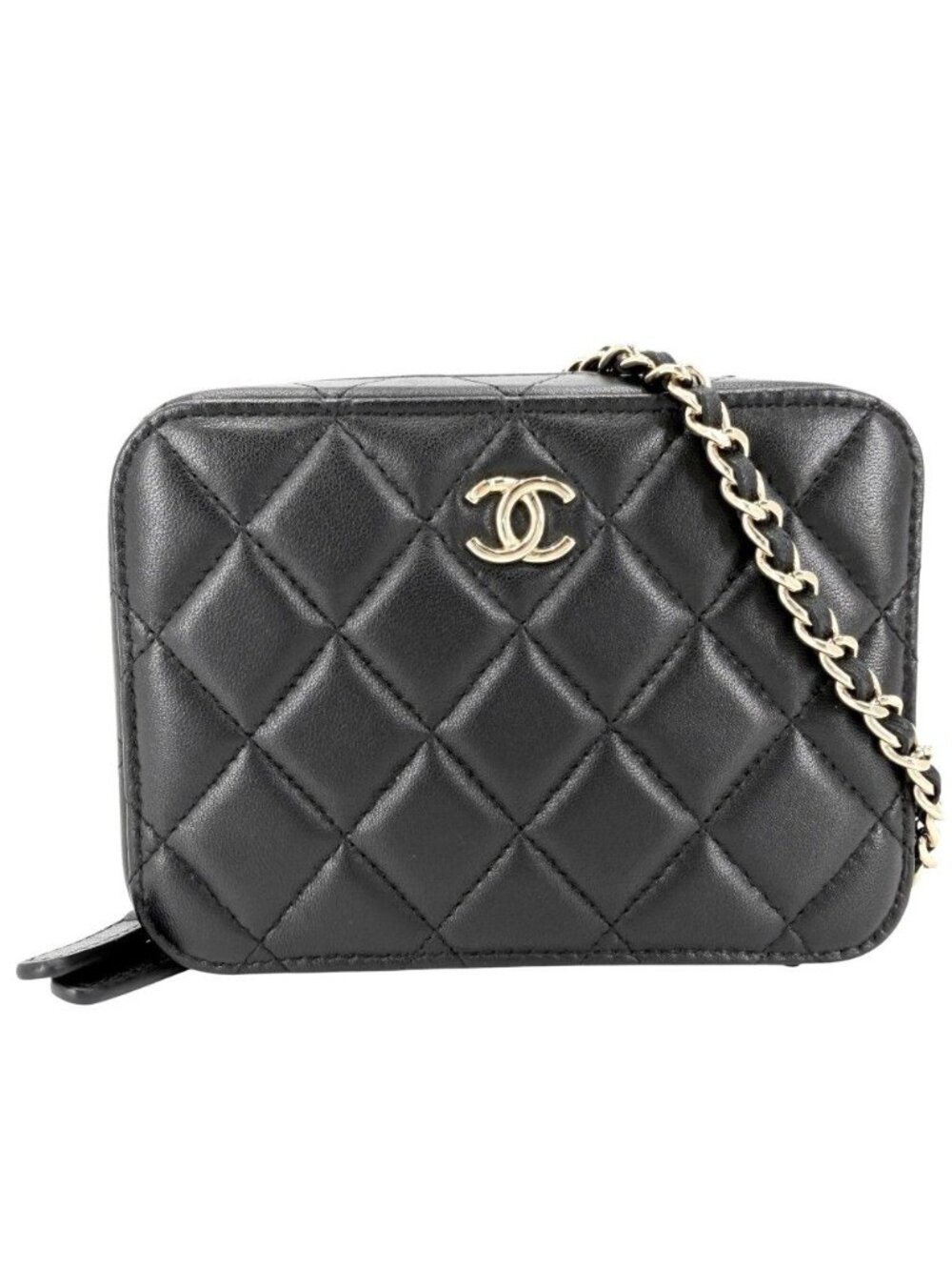 Chanel Big Shoulder Bag Quilted Chain Pochette CC Logo Bag Lambskin Black Gold